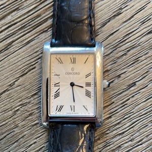 Vintage Concord Watch silver rectangular face with blue dial. Black leather